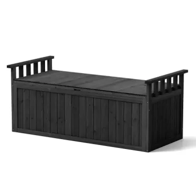 Banc de depozitare exterior din lemn cu brat & capac 2 banc de scaun cu spatiu de depozitare negru