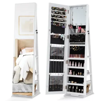 360° Cabinet de bijuterii Rotatable Freestanding Bijuterii Organizator cu întreg corpul oglindă & spate Racks alb