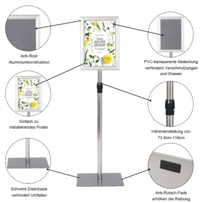 A4 Infostand 2er-Pack stand de afisare cu baza mare de metal cadru argintiu