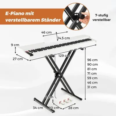 88 buton pian set complet de calitate semi-pondere pian digital cu suport reglabil alb
