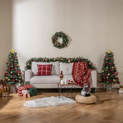 2 set 120 cm Mini artificial pom de Crăciun în oală cu ghirlandă de Crăciun și inel