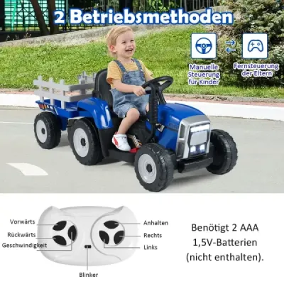 12V Tractor cu 3 viteze cu remorcă detașabilă & 2.4G de telecomandă pentru copii cu scaun albastru