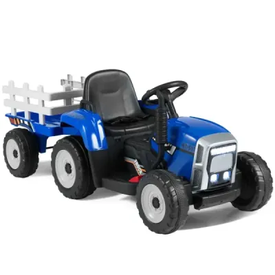 12V Tractor cu 3 viteze cu remorcă detașabilă & 2.4G de telecomandă pentru copii cu scaun albastru