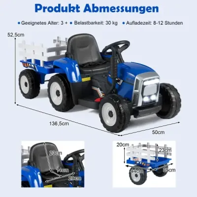 12V Tractor cu 3 viteze cu remorcă detașabilă & 2.4G de telecomandă pentru copii cu scaun albastru