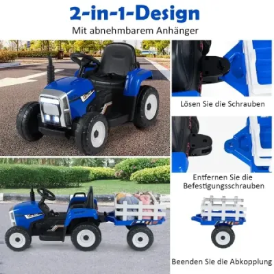 12V Tractor cu 3 viteze cu remorcă detașabilă & 2.4G de telecomandă pentru copii cu scaun albastru