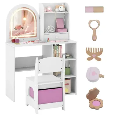 2 din 1 Copii Masă de machiaj cu iluminat masă din lemn cu sertare &amp; accesorii Alb