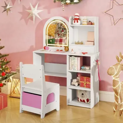 2 din 1 Copii Masă de machiaj cu iluminat masă din lemn cu sertare &amp; accesorii Alb