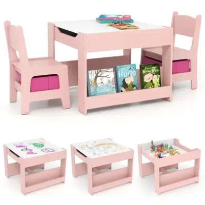 Masa pentru copii cu 2 scaune & decapotabila top masă & Book rafturi 3 grup pentru copii alb + roz