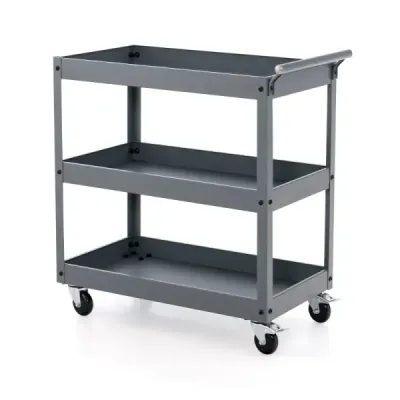 Cărucior de transport din metal cu 3 rafturi și mâner ergonomic Gri