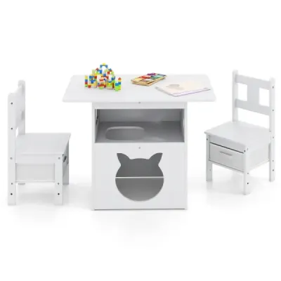2 din 1 grup pentru copii cu casa de pisici 3 buc. Masa pentru copii cu 2 scaune inclusiv. cutii din material textil Alb