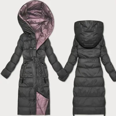Jachetă de iarnă cu două fețe, cu centura de grafit-pink (M2-6519-27+52)