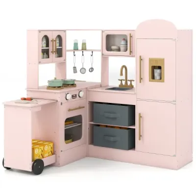 Corner bucatarie cu lumina si sunet din lemn Playset cu extensibil Worktop Sink Cooker Oven frigider roz