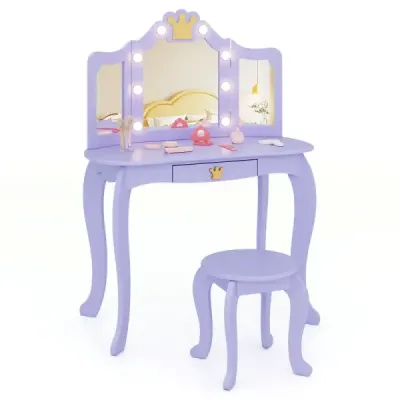 Masă de machiaj pentru copii cu iluminat fată drăguț cu triplu oglinda pliabil violet