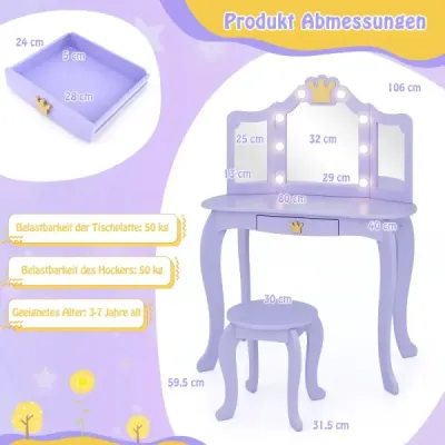 Masă de machiaj pentru copii cu iluminat fată drăguț cu triplu oglinda pliabil violet