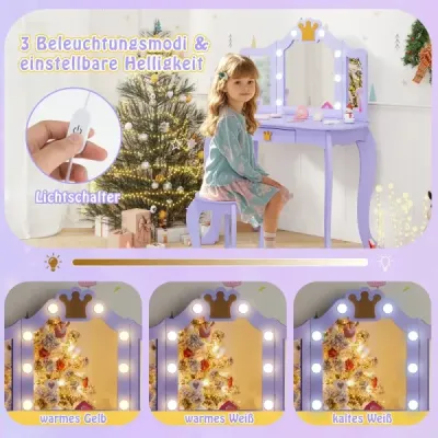 Masă de machiaj pentru copii cu iluminat fată drăguț cu triplu oglinda pliabil violet