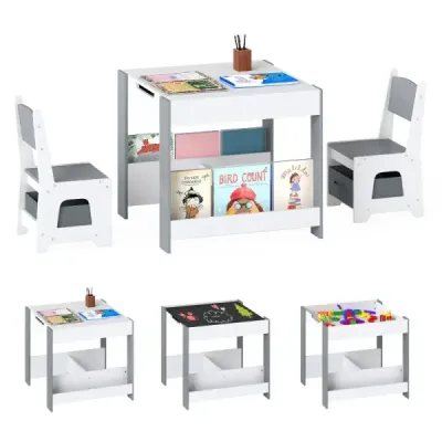 Set de mese si scaune 4 din 1 copii cu varful mesei spiralate si rafturi pentru copii set gri