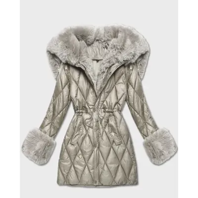 Dámska bunda s kožušinovým golierom MODA2635 béžová