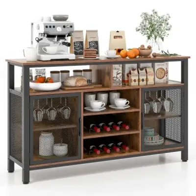 Sideboard cu 2 uși din grila metalică și compartimente deschise și rafturi de vin și suporturi de sticlă de vin Brown
