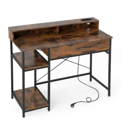 Tabel de calculatoare cu prize Homeoffice birou cu sertar atașament & 2 rafturi deschise Rustic Brown