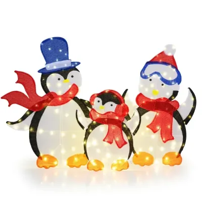 3 piese LED Familia de pinguini cu 160 de lumini albe și eșarfe iluminate de Crăciun