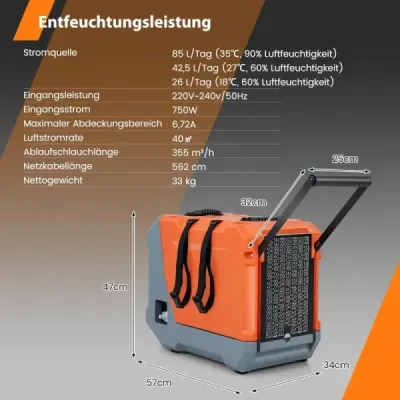 Dezumidificator electric cu furtun de scurgere 85L/T Uscator de constructii Dezumidificator comercial Orange