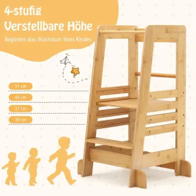 Turn de invatare pentru copii din bambus cu 4 inaltimi reglabile si balustrade de siguranta Montessori