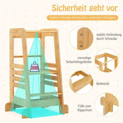 Turn de invatare pentru copii din bambus cu 4 inaltimi reglabile si balustrade de siguranta Montessori