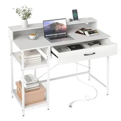 Tabel de calculatoare cu prize Homeoffice birou cu atașament Sertar & 2 rafturi deschise Alb