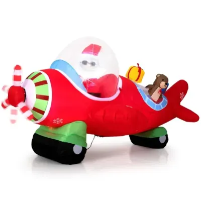 220 cm Moş Crăciun gonflabil Claus în avion & cutie cadou & lumini LED