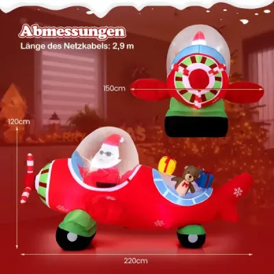 220 cm Moş Crăciun gonflabil Claus în avion & cutie cadou & lumini LED