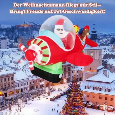 220 cm Moş Crăciun gonflabil Claus în avion & cutie cadou & lumini LED