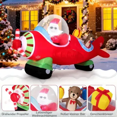 220 cm Moş Crăciun gonflabil Claus în avion & cutie cadou & lumini LED