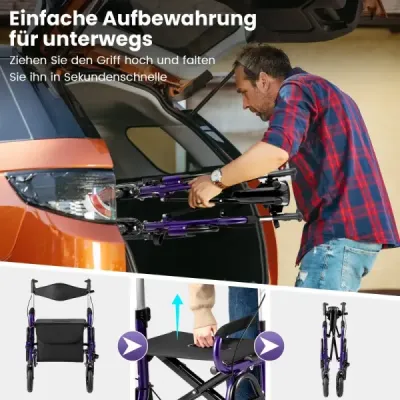 Roller pentru seniori cu 2 in-1 Role pliabile & Wheelchair combinatie cu 23 cm anvelope pneumatice violet