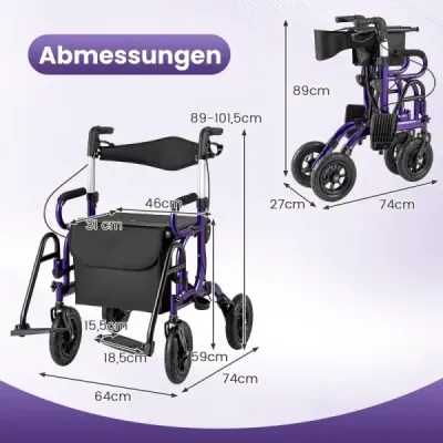 Roller pentru seniori cu 2 in-1 Role pliabile & Wheelchair combinatie cu 23 cm anvelope pneumatice violet