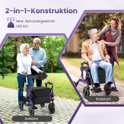 Roller pentru seniori cu 2 in-1 Role pliabile & Wheelchair combinatie cu 23 cm anvelope pneumatice violet