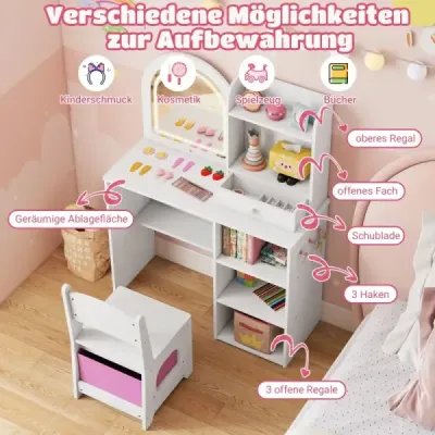 2 din 1 Copii Masă de machiaj cu iluminat masă din lemn cu sertare &amp; accesorii Alb
