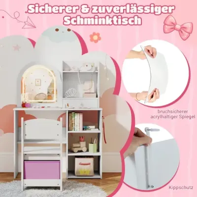 2 din 1 Copii Masă de machiaj cu iluminat masă din lemn cu sertare &amp; accesorii Alb