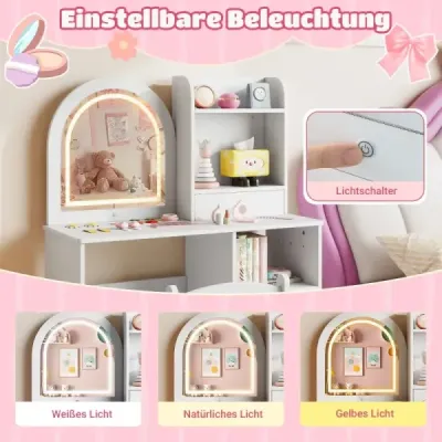 2 din 1 Copii Masă de machiaj cu iluminat masă din lemn cu sertare &amp; accesorii Alb