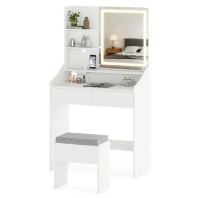 Set de masă de machiaj cu oglindă și LED-uri de iluminat și stocare machiaj Stool Tabel alb