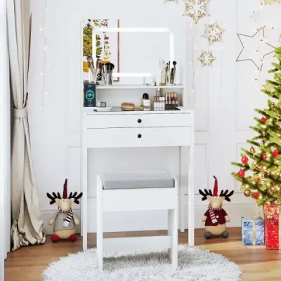 Machiaj masă cu scaun căptușit & prize & 3 colorate oglindă LED masă cosmetice alb