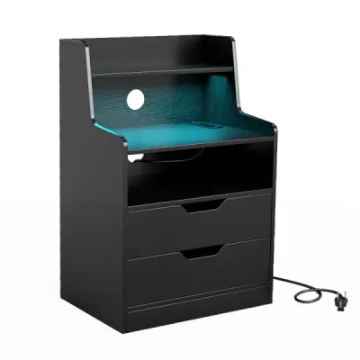 Masa de noapte cu LED-uri și masă laterală stație de încărcare cu 2 sertare și compartiment deschis modern noapte dulap negru