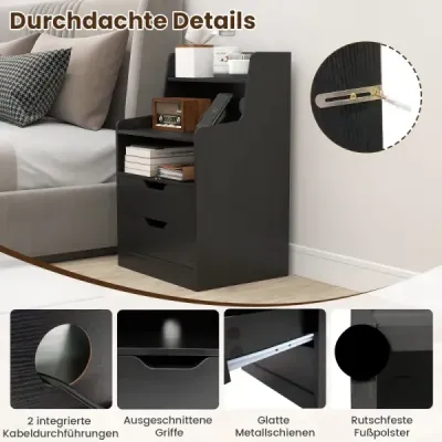 Masa de noapte cu LED-uri și masă laterală stație de încărcare cu 2 sertare și compartiment deschis modern noapte dulap negru