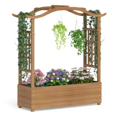 Highbed with Ranking Grid & Hanging Roof Flower Box Planting Box for Climbing Plants Brown