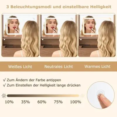 Make up tabel cu scaun căptușit & prize & 3 colorate oglindă LED masa cosmetice Brown
