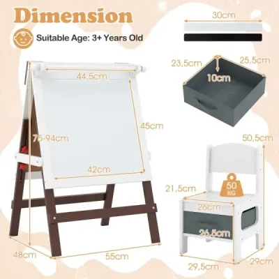 șevalet pentru copii cu înălțime scaun masa de copii reglabil cu tabla & Whiteboard Brown