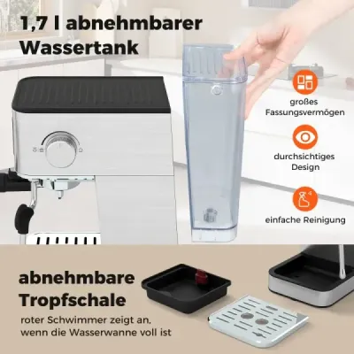 Masina de screening cu spumă de lapte 20 Bar Espresso Masina cu touchscreen & 17 L rezervor de apă detaşabil argint