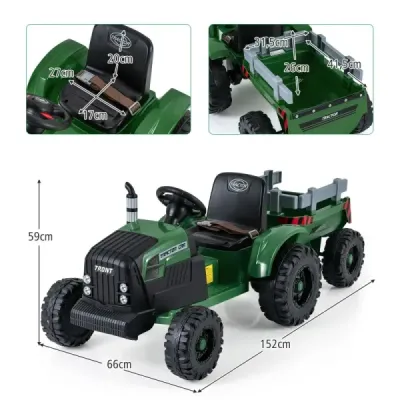 24V copii tractor electric cu remorcă vehicul electric cu control de la distanță remorcă verde închis