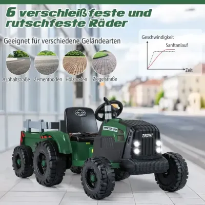 24V copii tractor electric cu remorcă vehicul electric cu control de la distanță remorcă verde închis