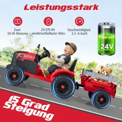 24V copii tractor electric cu remorcă electrică cu remorcă demontabilă roșu control la distanță