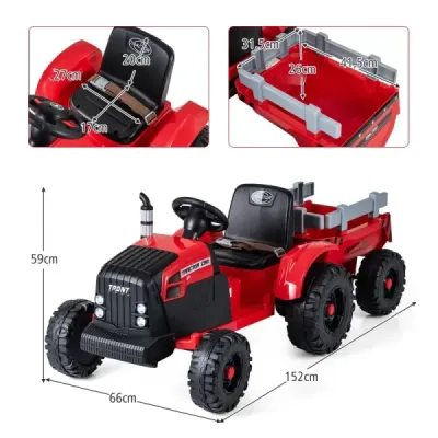 24V copii tractor electric cu remorcă electrică cu remorcă demontabilă roșu control la distanță